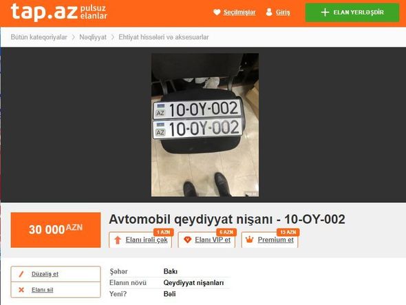 Azərbaycanda 70 min manata avtomobil nömrəsi satılır - FOTO
