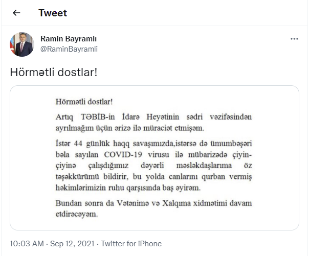 Ramin Bayramlı istefa verdi