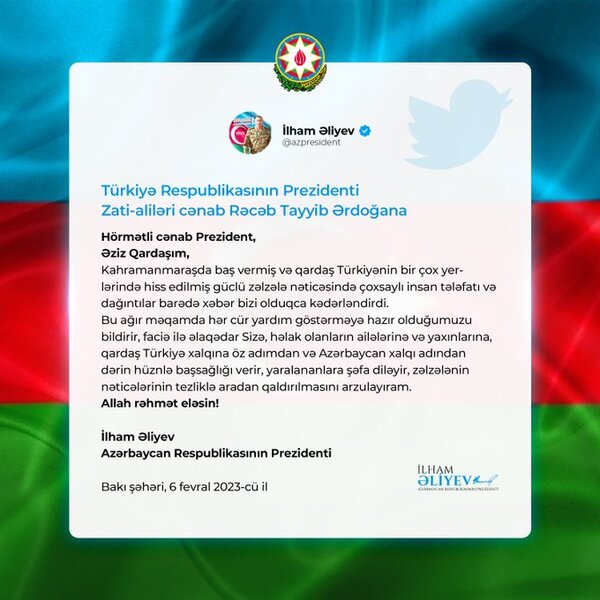 İlham Əliyevdən Türkiyədəki dəhşətli zəlzələ ilə bağlı paylaşım - FOTO
