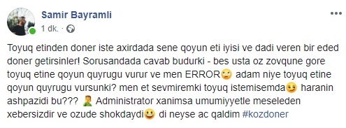 Aparıcı gileyləndi: ""Köz Dönər"də toyuq dönərinə qoyun quyruğu vururlar