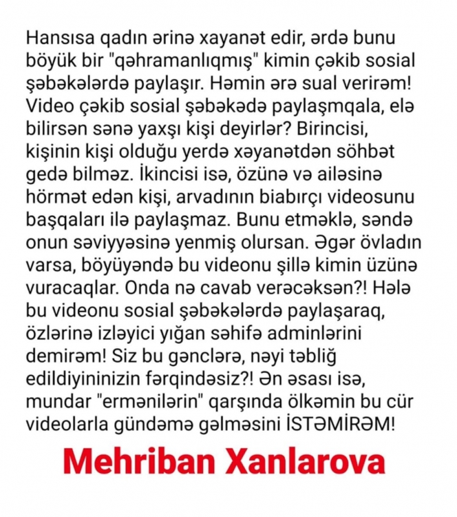 "Arvad xəyanət edir, ər də qəhrəmanlıqmış kimi videoya çəkir"