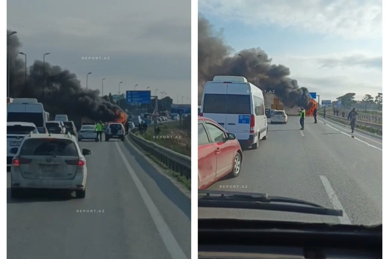 Saray postunun yaxınlığında avtobus yanır