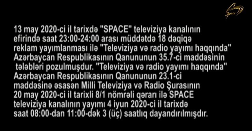 "Space" TV-nin yayımı dayandırılıb