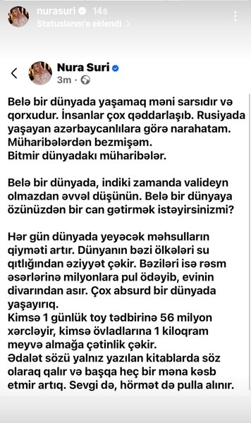Belə bir dünyada yaşamaqdan qorxuram' - Nura Suri