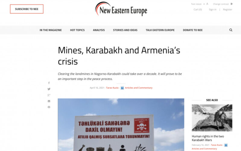 Şərqi Avropa portalında "Minalar, Qarabağ və Ermənistanda böhran" adlı məqalə dərc olunub