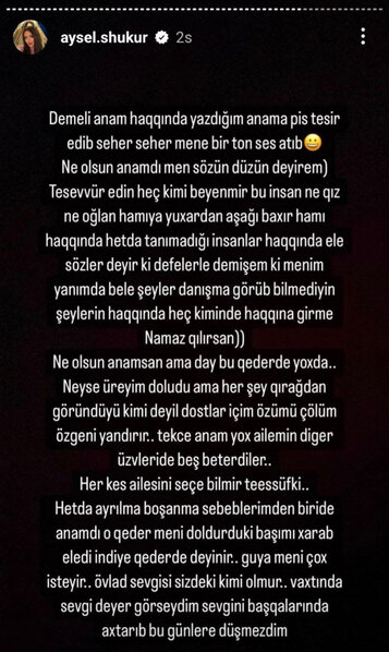 Aysel Şükürdən anasına: 'Belə şeylər danışma, namaz qılırsan