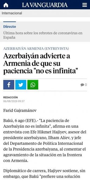 "Lavanguardia" qəzeti: "Ermənistan başa düşməlidir ki, Azərbaycanın səbri tükənməz deyil