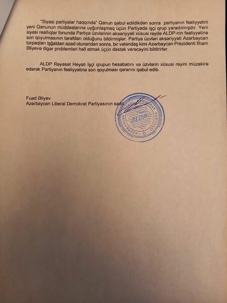 Azərbaycanda daha bir partiya fəaliyyətini dayandırdı