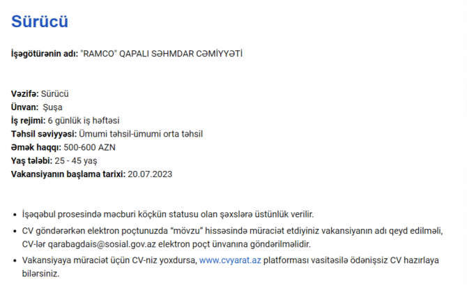 Qarabağda işləmək istəyənlərin nəzərinə! - Maaş 2300 AZN-dək