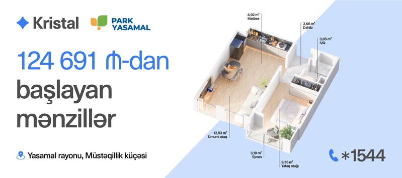 Kirayədən çıxıb öz evinə köçmək istəyənlər üçün əla fürsət: 124 691 manata tam təmirli mənzil - 'Kristal