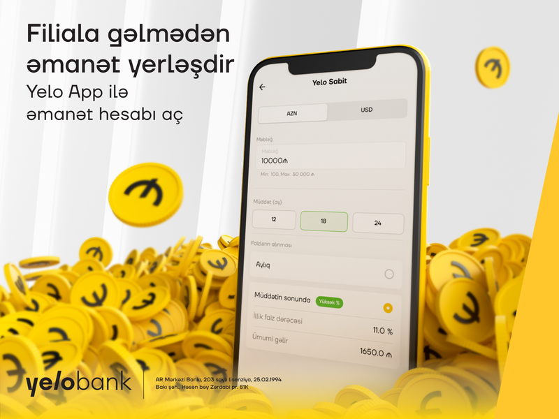 Yelo Bank-dan gözlənilən yenilik: onlayn əmanət!  