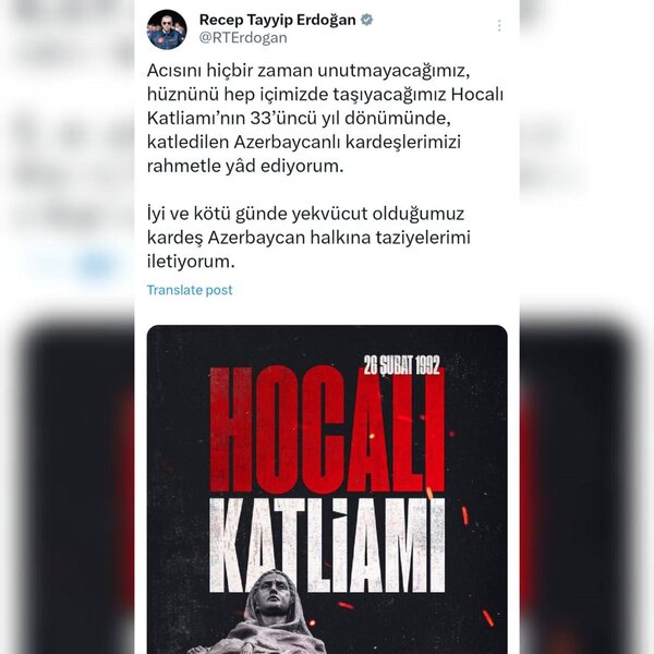 Ərdoğan Xocalı faciəsi ilə bağlı paylaşım etdi