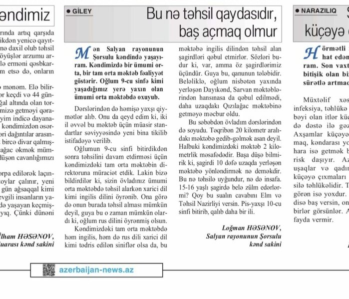 Rəsmi dövlət qəzeti Elm və Təhsil nazirliyini sərt tənqid etdi - FOTO