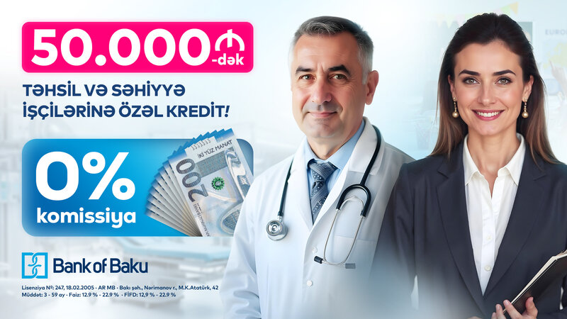 Bank of Baku-dan təhsil və səhiyyə işçilərinə özəl 50.000 AZN-dək KOMİSSİYASIZ kredit