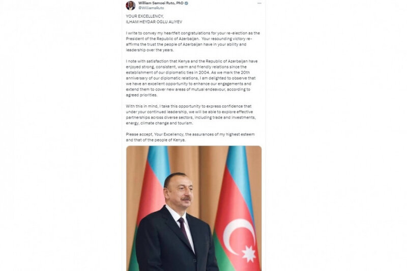 Keniya Prezidenti İlham Əliyevi seçkilərdə qələbəsi münasibətilə təbrik etdi