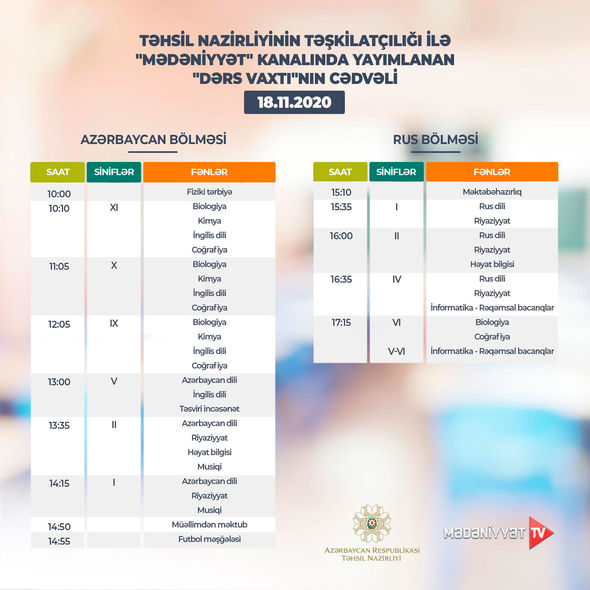"Dərs vaxtı"nın bu günə olan cədvəli - FOTO