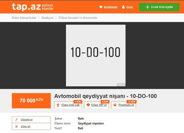 Azərbaycanda 70 min manata avtomobil nömrəsi satılır - FOTO