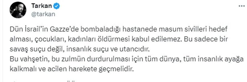 Tarkan İsrailin hücumuna üsyan etdi: 'Bütün dünya ayağa qalxmalıdır