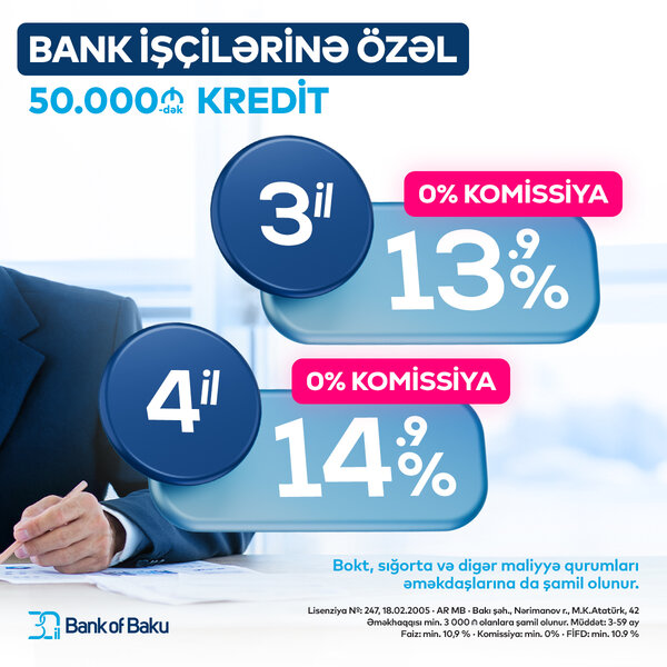 Bank of Baku-dan bank və maliyyə qurumlarında çalışanlara özəl KOMİSSİYASIZ və DƏQİQ FAİZLƏ KREDİT