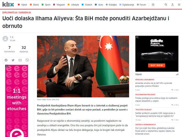 Bosniya və Herseqovina KİV-i İlham Əliyevin bu ölkəyə səfəri ərəfəsində silsilə məqalələr yayımlayıb - FOTO