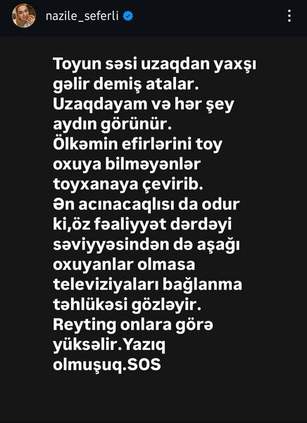 Efirləri toy oxuya bilməyənlər toyxanaya çevirib' - Nazilə