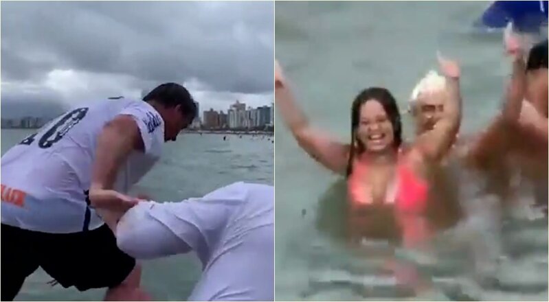  Braziliya prezidenti seçiciləri ilə görüşmək üçün özünü dənizə atdı - VİDEO