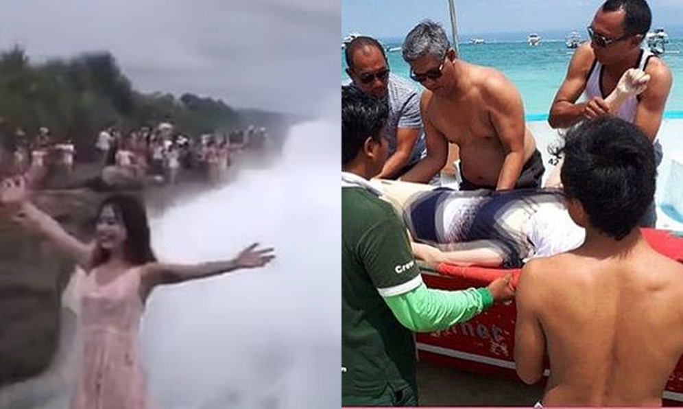 Nəhəng dalğa sahildə şəkil çəkdirən turisti "uddu" - VİDEO