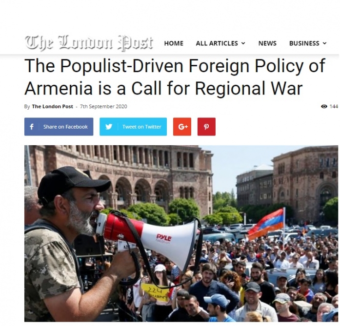 "The London Post": Ermənistanın populist xarici siyasəti regional müharibəyə çağırışdır