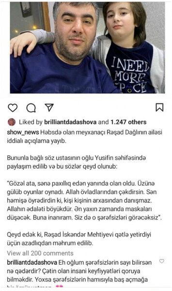 Brilliantdan Rəşad Dağlının oğluna: 'Şərəfsizlərin sayı bilirsən nə qədərdir?' - FOTO