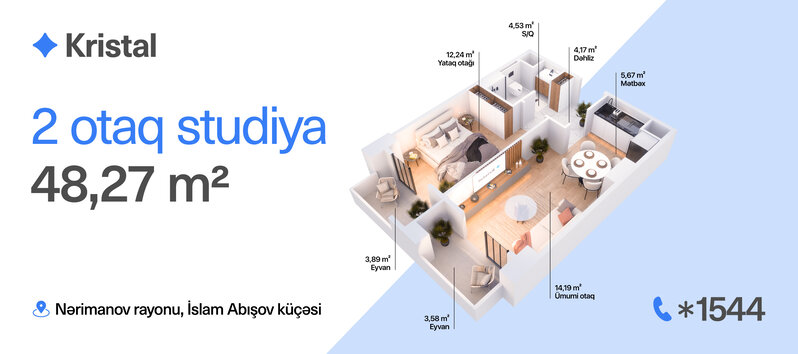 Cəmi 957 manat aylıq ödənişlə Biləcəridə 48,27 m² mənzil sahibi olun - 'Kristal'