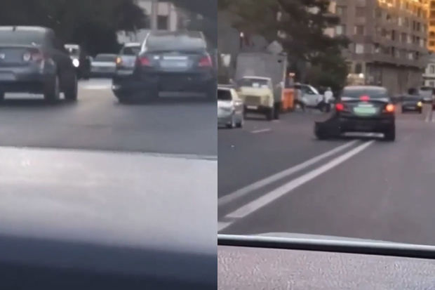Bakıda buferi yerlə sürünən avtomobili ilə şütüyən sürücü xəbərdarlıqlara məhəl qoymadı - VİDEO
