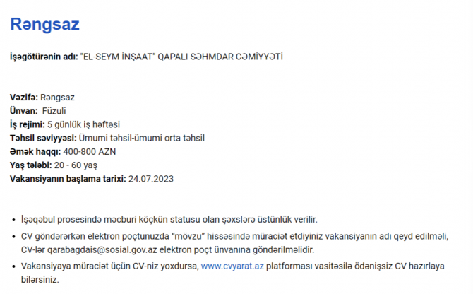 Qarabağda işləmək istəyənlərin nəzərinə! - Maaş 2300 AZN-dək