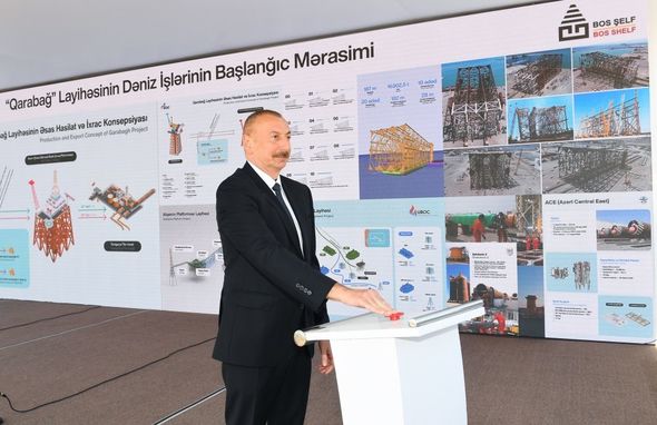  İlham Əliyev "Qarabağ" yatağının dayaq blokunun dənizə yola salınması mərasimində - YENİLƏNİB + VİDEO
