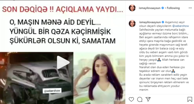 Aysun avtomobil qəzasına düşdü - FOTO