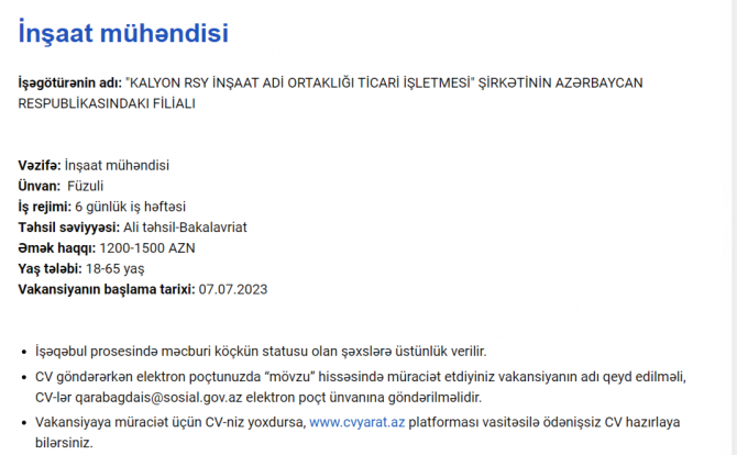 Qarabağda işləmək istəyənlərin nəzərinə! - Maaş 2300 AZN-dək