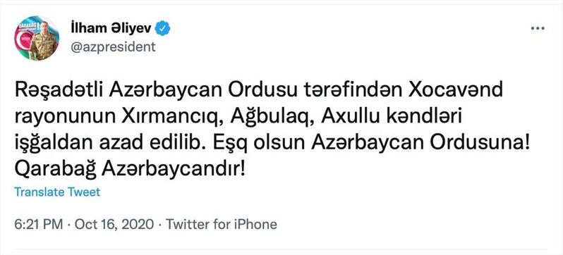 44 günlük Vətən müharibəsinin xronikası: 16 oktyabr