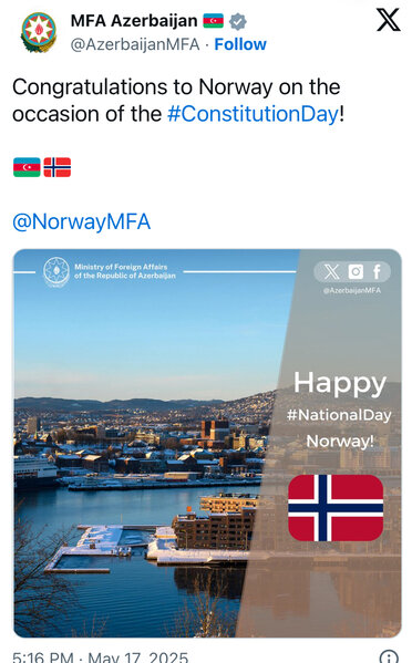 Azərbaycan XİN Norveçi Konstitusiya Günü münasibətilə təbrik edib