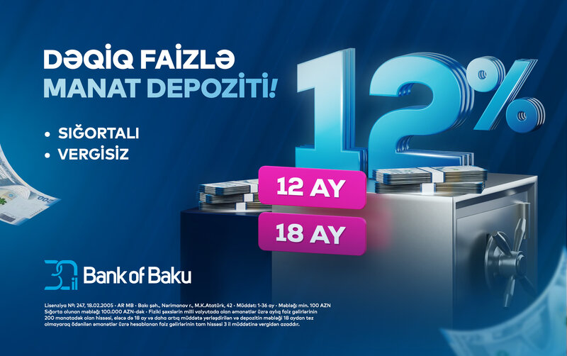 Bank of Baku-da depozit faizləri dəqiq oldu: 12 və 18 ay üzrə illik 12