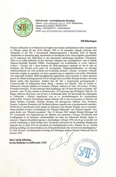İsveçdəki soydaşlarımızdan Riksdaqa MÜRACİƏT - FOTO