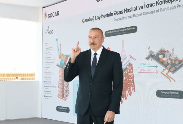  İlham Əliyev "Qarabağ" yatağının dayaq blokunun dənizə yola salınması mərasimində - YENİLƏNİB + VİDEO