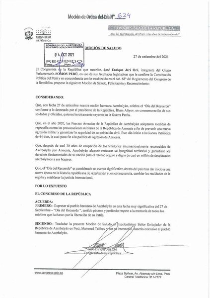 Peru Konqresi Azərbaycanın Anım Günü ilə əlaqədar bəyanat qəbul etdi - FOTO