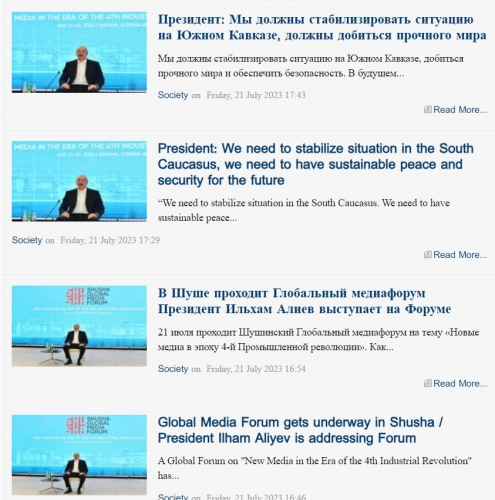 İlham Əliyevin Şuşada keçirilən Qlobal Media Forumdakı çıxışı Gürcüstan mətbuatının diqqət mərkəzində olub
