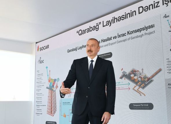  İlham Əliyev "Qarabağ" yatağının dayaq blokunun dənizə yola salınması mərasimində - YENİLƏNİB + VİDEO