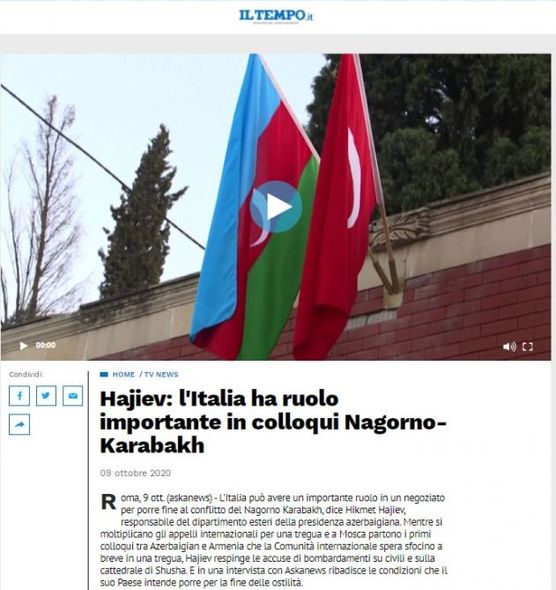 İtaliyanın aparıcı KİV-ləri Prezidentin köməkçisi Hikmət Hacıyevin müsahibəsini yayıb - FOTO