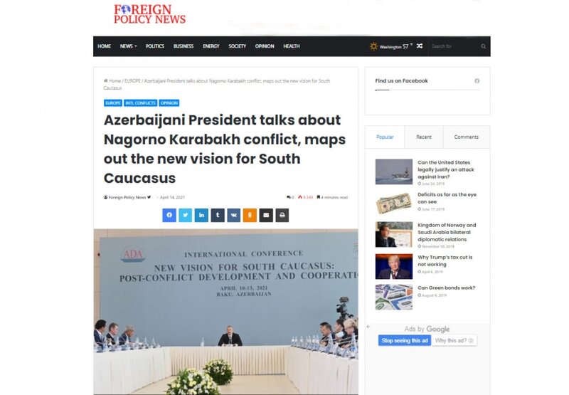 "Foreign Policy News" nəşri Azərbaycan Prezidentinin Cənubi Qafqazın gələcəyinə dair fikirlərini işıqlandırıb