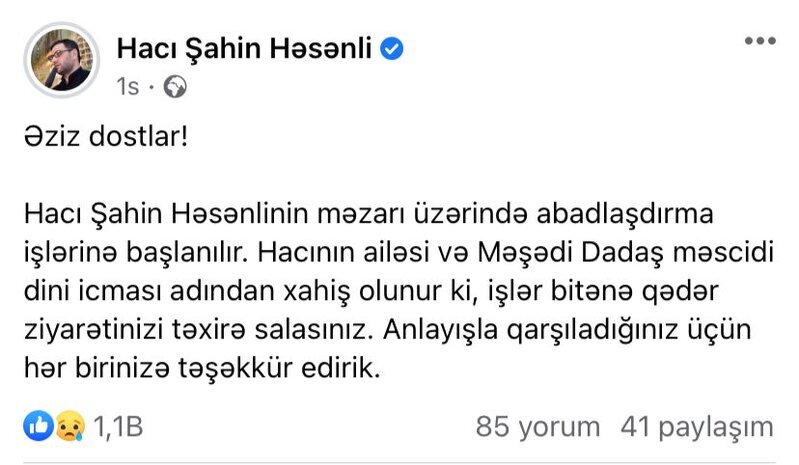 Hacı Şahinin yaxınlarından ictimaiyyətə müraciət - FOTO
